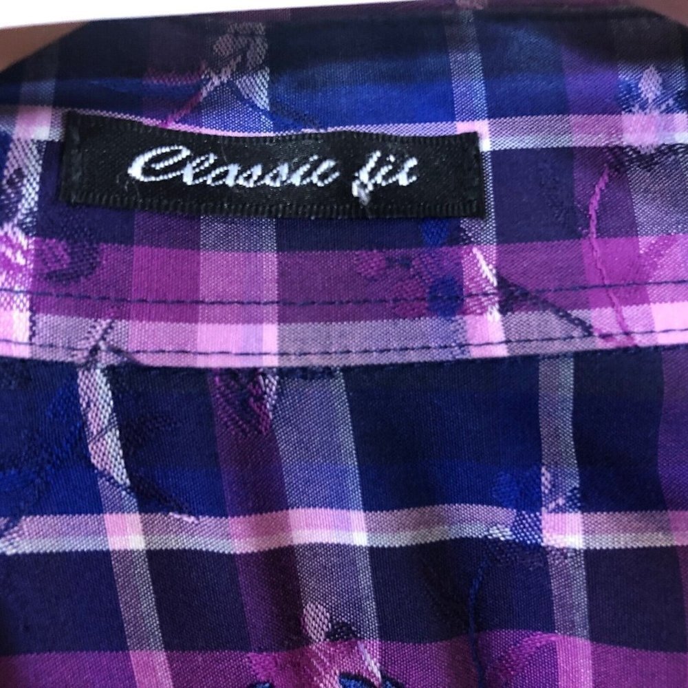 Bugatchi‎ Classic Fit Purple Blue Plaid Long Sleeve Cotton Dress Shirt 15.5 / 36 - Picture 10 of 12